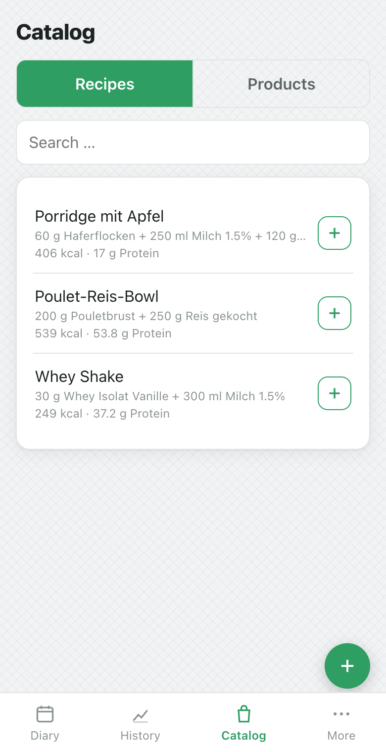 KIkal catalog, recipes tab: saved recipes with calories and protein per portion