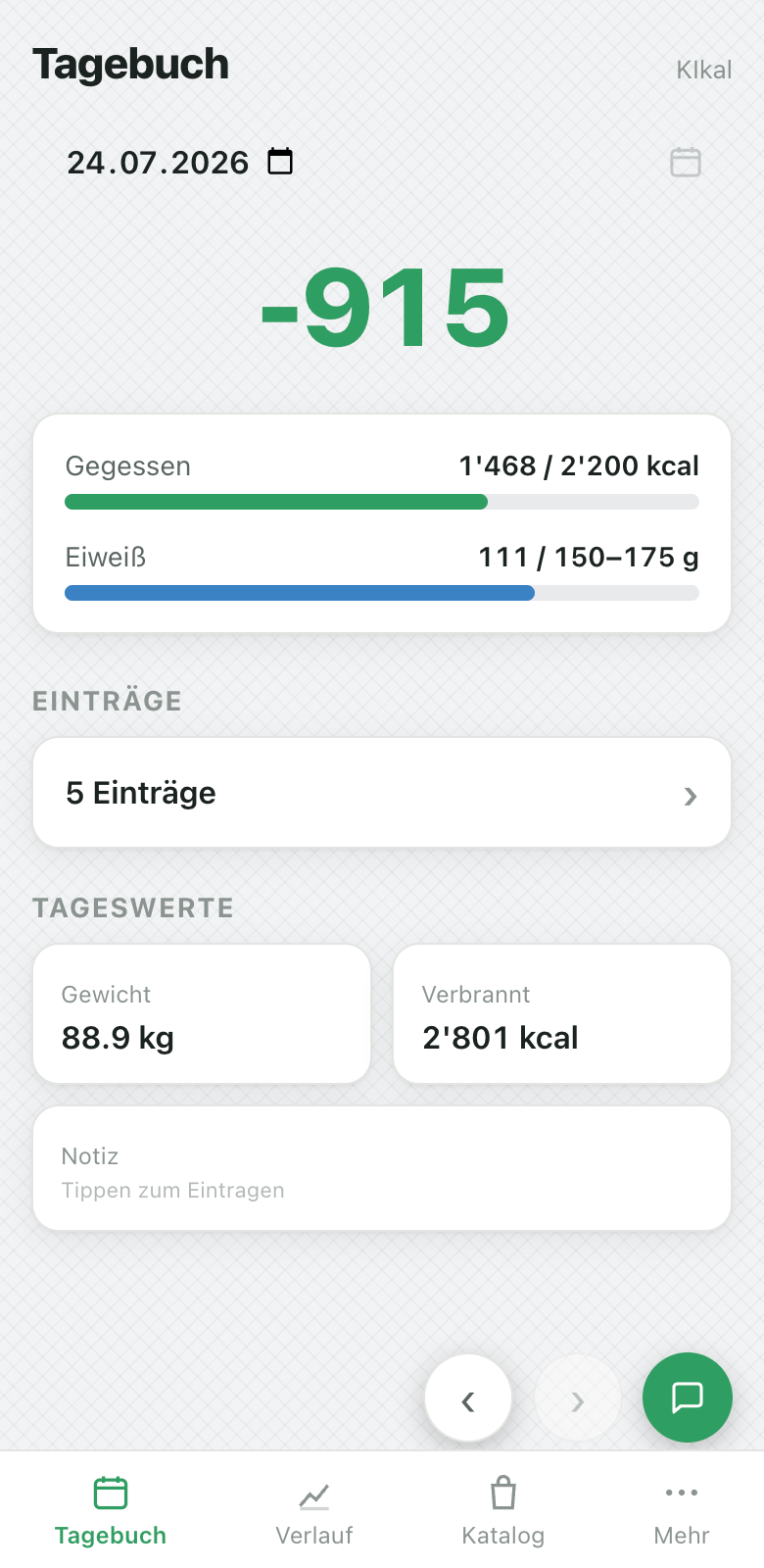 KIkal Tagebuch: Tagesbilanz, Kalorien- und Eiweiss-Meter, Einträge, Gewicht und Verbrauch