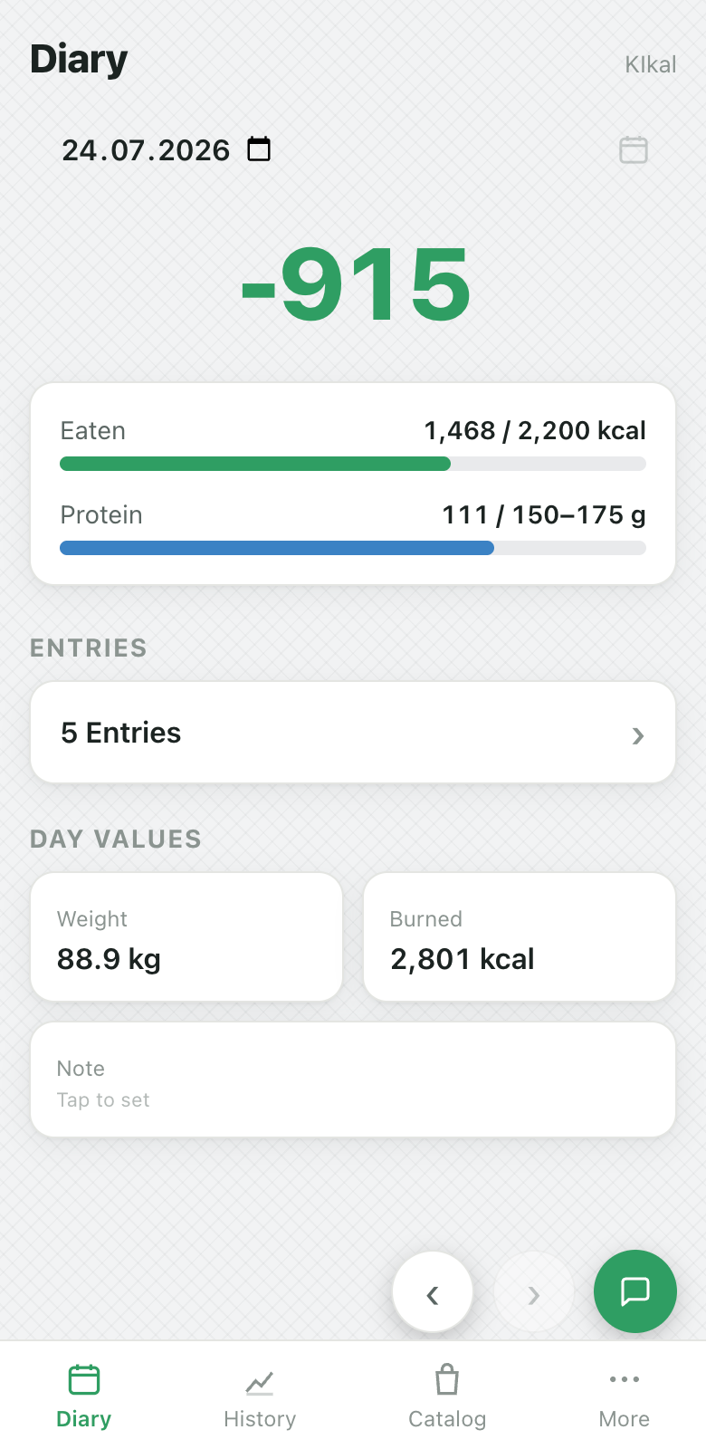 KIkal diary: daily balance, calorie and protein meters, entries, weight and burned calories