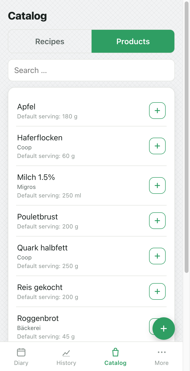 KIkal catalog, products tab: personal product list with label values per 100 g
