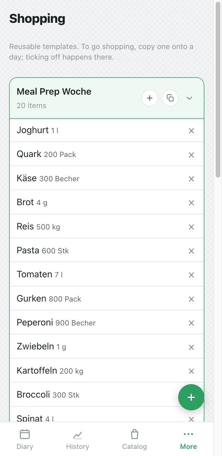 KIkal shopping: reusable template lists with items and amounts, filled from chat or recipes